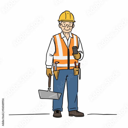 Construction worker holding phone and trowel with safety gear  