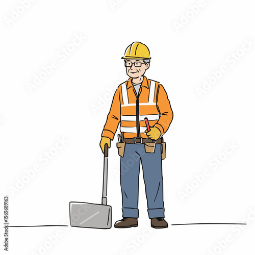 Construction worker smiling while holding a shovel in orange vest  
