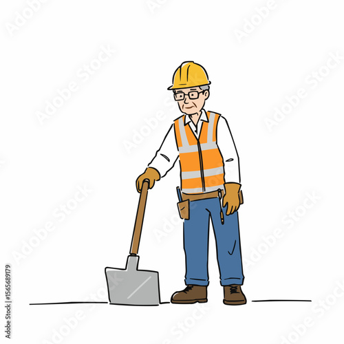 Elderly construction worker holding shovel and preparing to dig