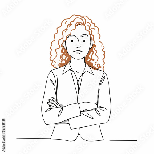 Confident woman with curly hair crossing arms in a professional setting  