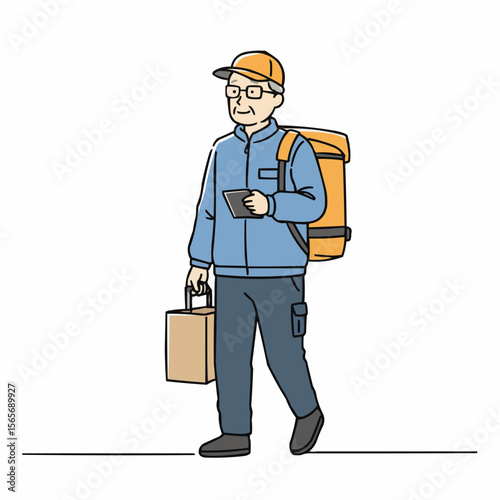 Elderly man walking with a phone and delivery bag in casual attire  