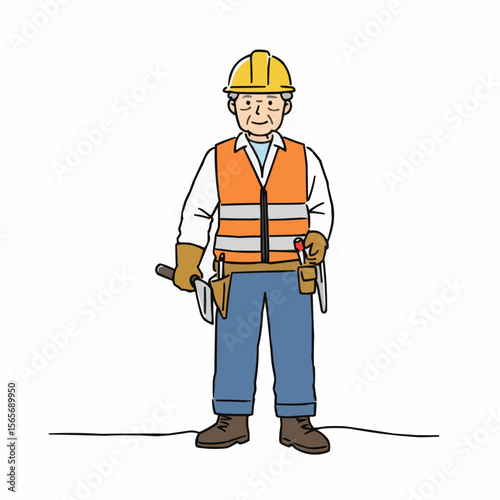 Construction worker standing with tools in safety gear  