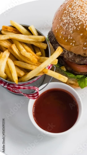 Animation of hamburger and chips over white background