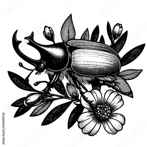 Stag Beetle in Bloom, A majestic stag beetle rests among delicate flowers and leaves