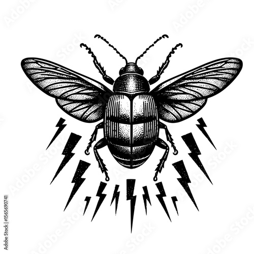 Thunder Beetle Unleashed, A monochrome beetle spreads its wings amidst lightning bolts.