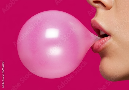 A person blowing a large pink bubblegum bubble