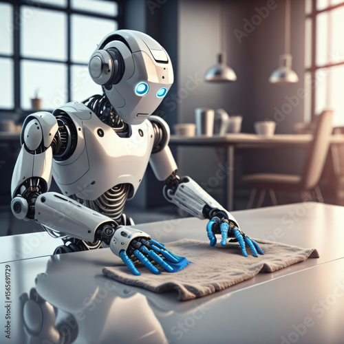 AI-generated image of a robot holding a cloth and cleaning in a modern kitchen, illustrating the future of automation and smart home technology. The scene emphasizes robotics, innovation, AI