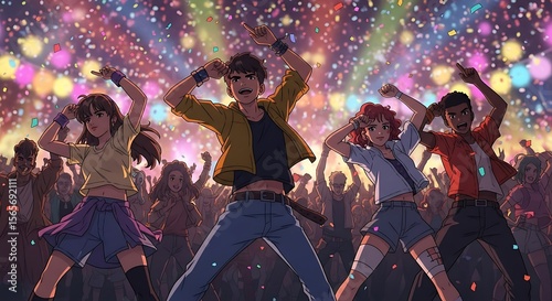 A large crowd of people dancing enthusiastically at a vibrant outdoor concert, with colorful fireworks exploding overhead.