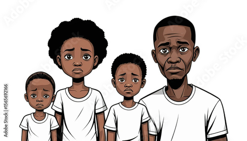 Ai generated image of a sad cartoon family portrait isolated on transparent background