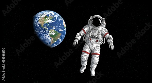 Astronaut in space suit floating near Earth in the vast blackness of space.