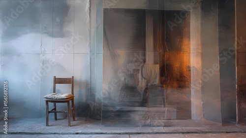 moodboard for choreographed routine | domestic void in formal stillness | evacuated memory | smoky lead and copper grey | frame-in-frame with absence | imprint of absent figure on cushion | shifting