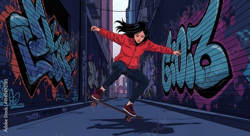 A young woman skillfully executes a skateboarding trick down a graffiti-covered alleyway.