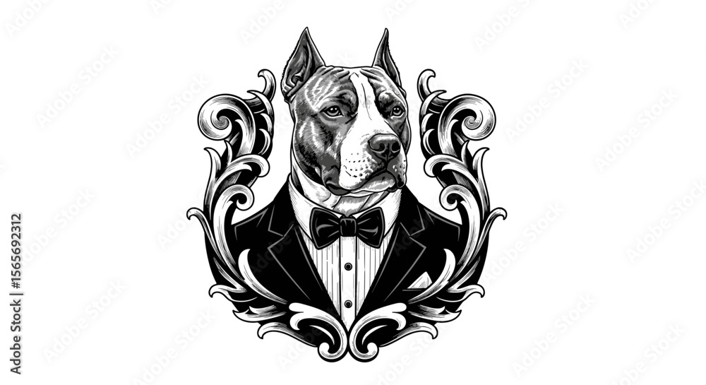 Fototapeta premium Dog dressed in a tuxedo with ornate decoration and vintage style