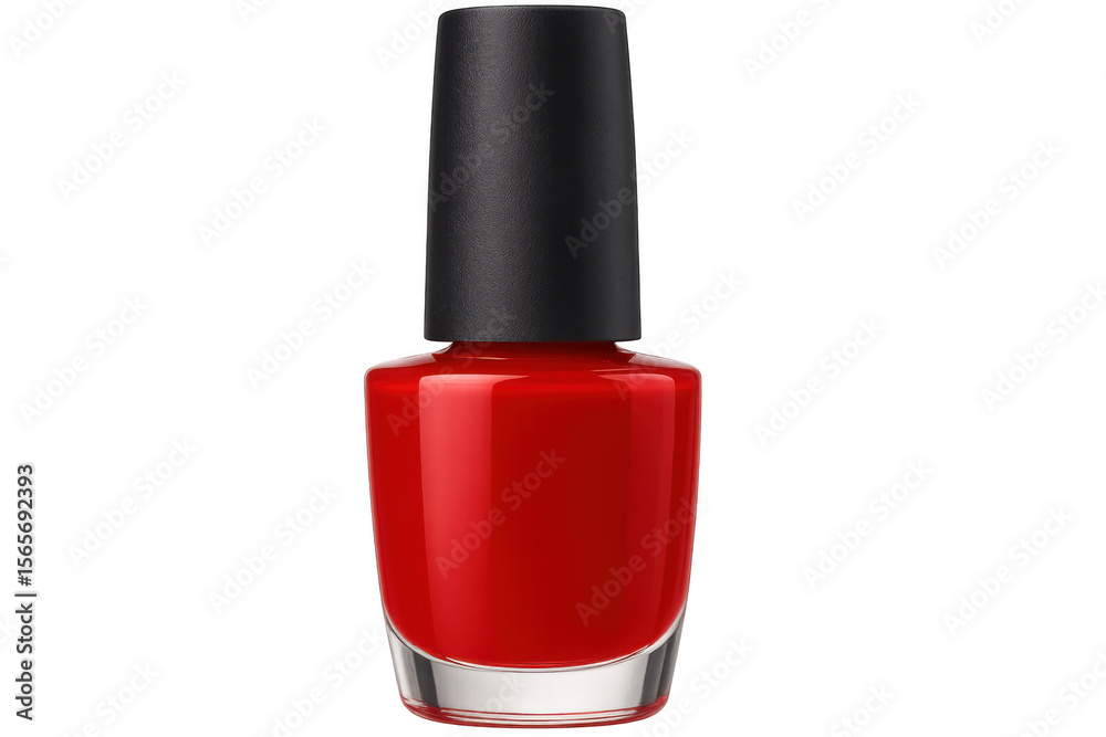 Obraz premium Red nail polish bottle with black cap, isolated on transparent background, ready for beauty and fashion projects