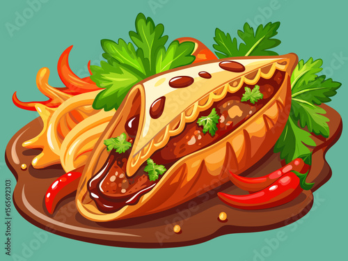 vector of Delicious grated beef empanada with fresh coriander and spicy sauce, beautifully decorated in the dish...