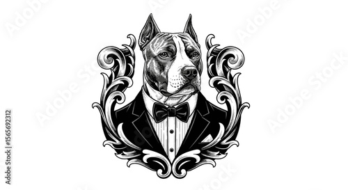 Dog dressed in a tuxedo with ornate decoration and vintage style  
