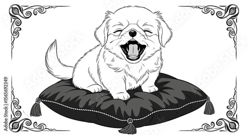 Cute dog yawning while sitting on a black cushion in a decorative frame  
