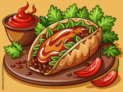 vector of Delicious grated beef empanada with fresh coriander and spicy sauce, beautifully decorated in the dish...