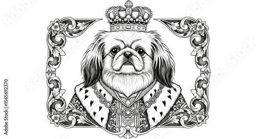 Pekingese dog wearing royal outfit with crown in vintage style  