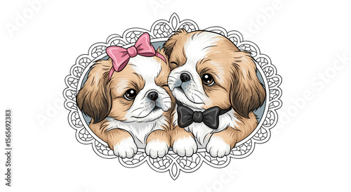 Two cute Pekingese puppies wearing bow and bowtie in decorative frame  