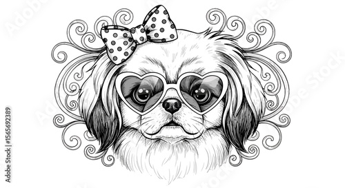 Dog wearing heart-shaped glasses and a polka dot bow on decorative background  