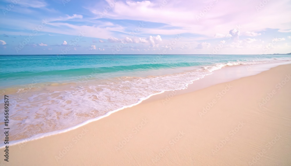 Fototapeta premium Serene Beachscape: Pastel Sky, Turquoise Waves, and Soft Sand