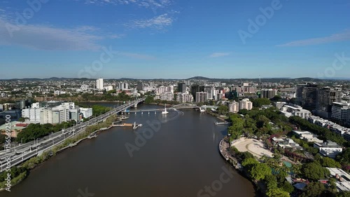 Wallpaper Mural South Bank, Brisbane City, Queensland, Australia: 4K Drone Footage of CBD Skyscrapers, River Bridges, Central Business District, Bridges over Brisbane River, South Bank, parklands, sun wheel, highway Torontodigital.ca