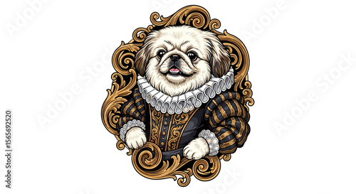 Pekingese dog dressed in Renaissance attire with ornate framing  