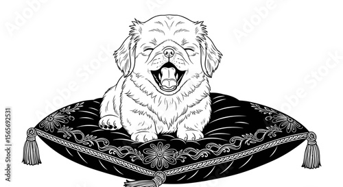 Pekingese dog yawning while sitting on a plush cushion  