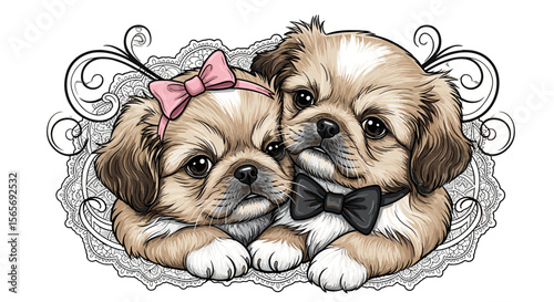 Two charming Pekingese puppies cuddling with bows in a decorative frame  