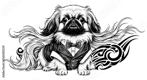 Pekingese dog wearing tuxedo with long hair and tribal design  
