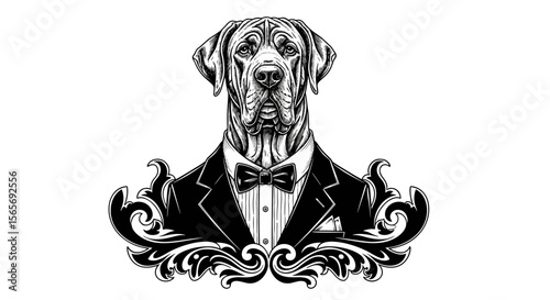 Dog in tuxedo with bow tie displayed in vintage ornate style  