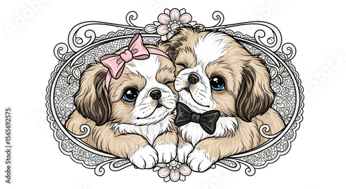 Whimsical Shih Tzu Couple: Adorable Shih Tzu puppies, adorned with a bow and bow tie, snuggle in a decorative frame in this delightful illustration of puppy love and innocence.
