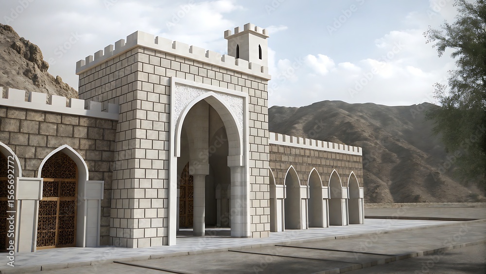 Obraz premium Architectural rendering of a stone building with arches and a tower near mountains
