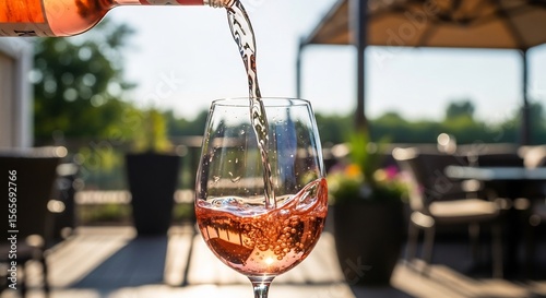 Ros Wine Pouring into Glass on Sunny Terrace Bubbles and Light.