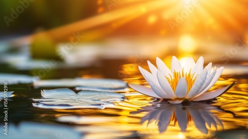 The concept of a serene floral background features a white lotus blossom floating gently on undulating water, bathed in a warm golden glow