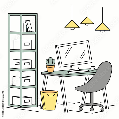  Modern Home Office Workspace with Computer and Bookshelf