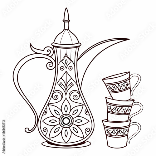 Traditional Arabic Coffee Pot and Cups Line Art