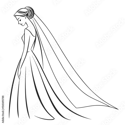  Elegant Bride in Wedding Dress with Veil Line Art