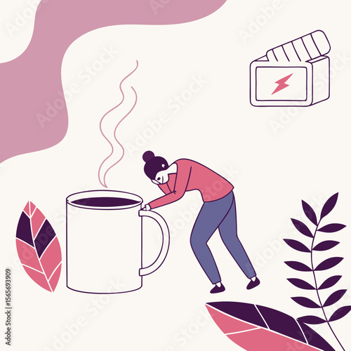 Tired Person Leaning on Giant Coffee Mug - Work Burnout & Creativity Boost Vector