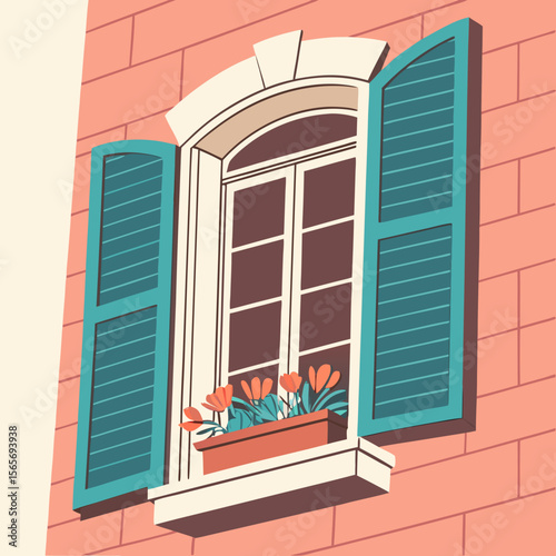 Charming Open Window with Blue Shutters & Flower Box - European Architecture Vector