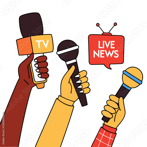 Diverse Hands Holding Microphones for Live News Reporting