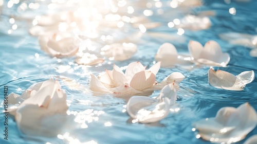 White lotus blooms rest tranquilly atop the calm water