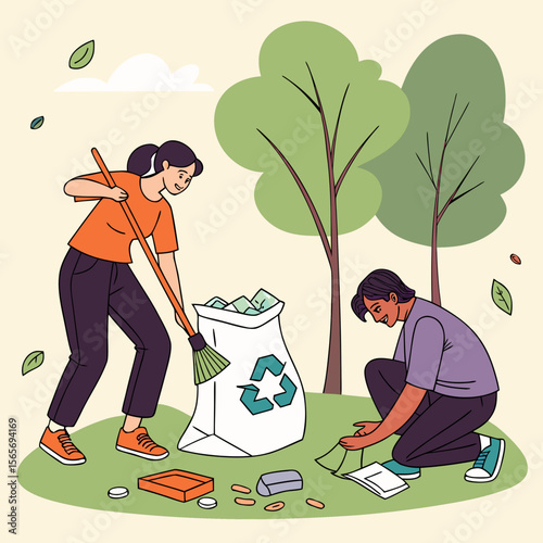  Community Park Cleanup Day - Flat Vector Illustration of Volunteers & Recycling