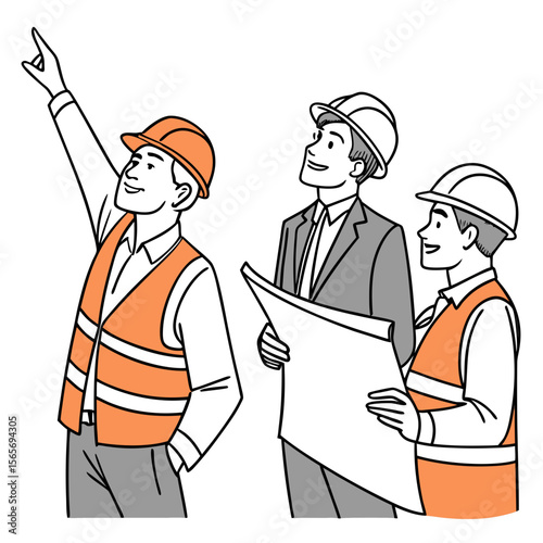 Construction Workers & Engineer On-Site - Building Project Management Vector