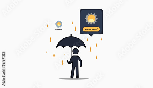 Character shielding from rain with umbrella, digital awareness concept