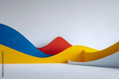 Vibrant waves of blue, red and yellow paper artfully arranged on a smooth white backdrop, creating a modern abstract design.
