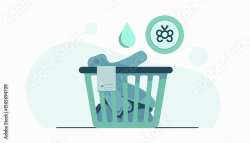 Laundry basket updating washer queue with teal icons, efficient washing