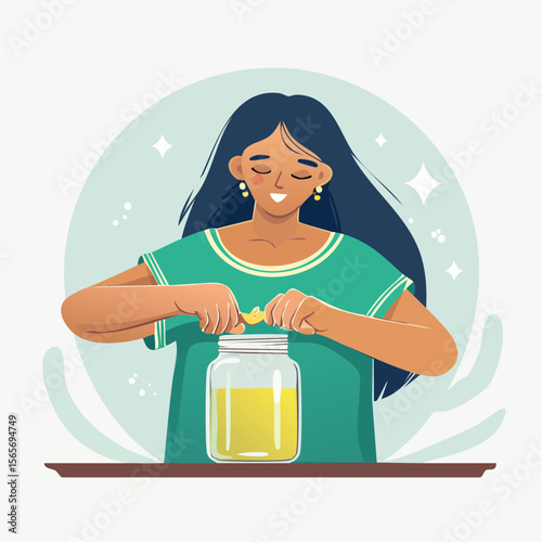 A soft and symbolic vector showing joint stiffness through glowing wrists as a person struggles with a jar. Calm, respectful design for wellness or awareness use.