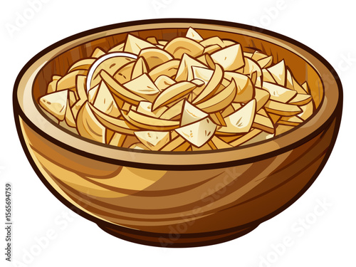 vector of Wooden bowl full of chopped chicken. This bowl is made of light colored wood and has a smooth finish. grated chicken